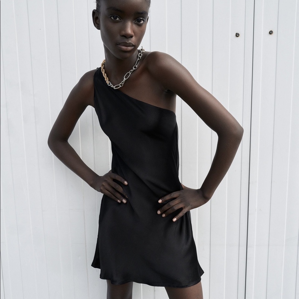 Zara black satin one shoulder mini dress size xs